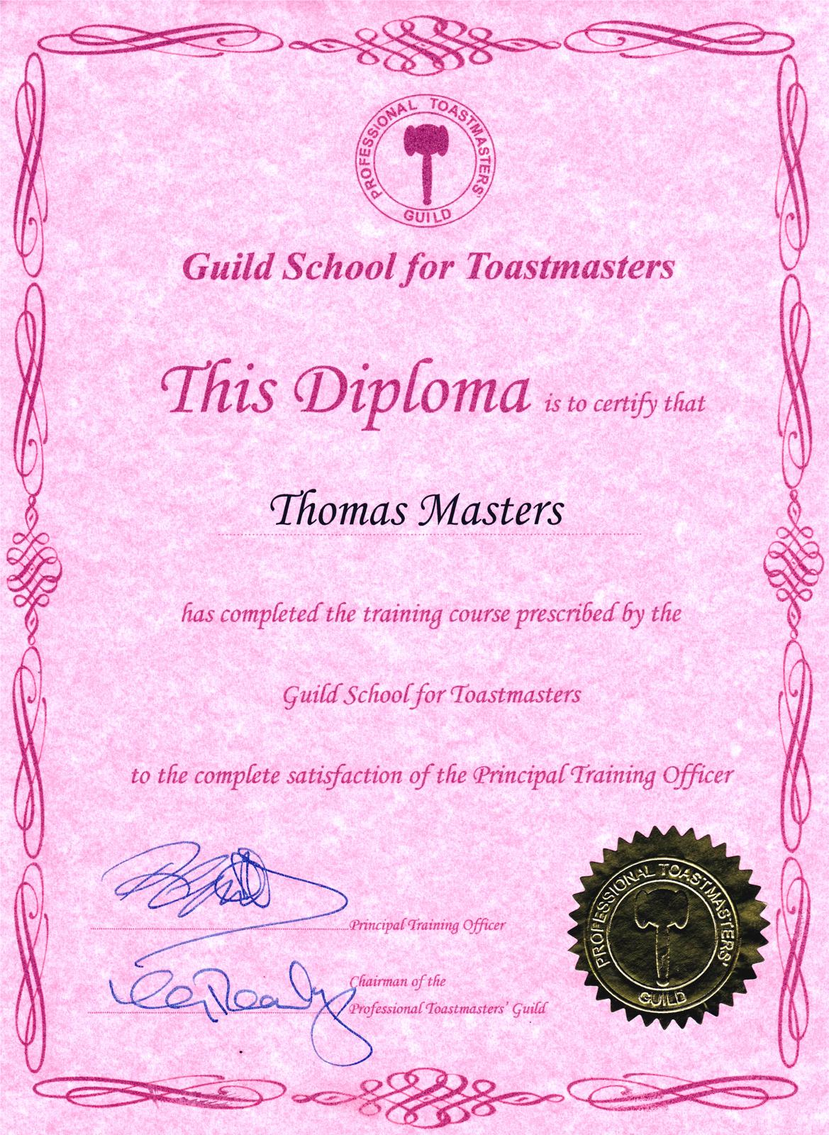 Guild School for Toastmasters Diploma certificate for qualified toastmasters